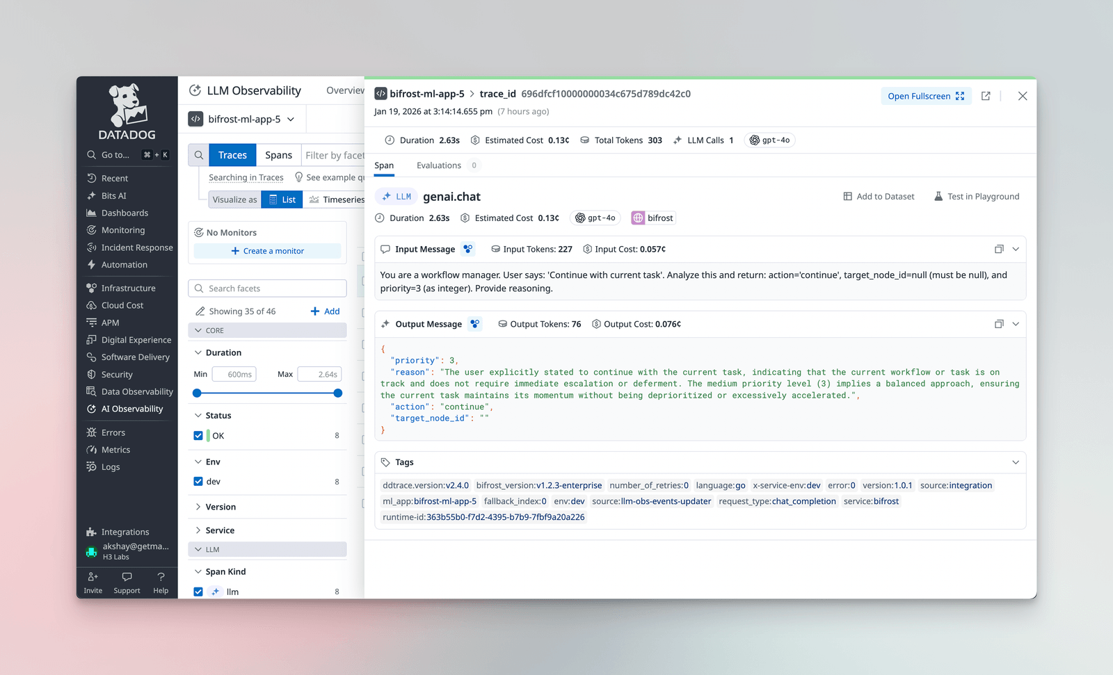 Datadog LLM Observability dashboard