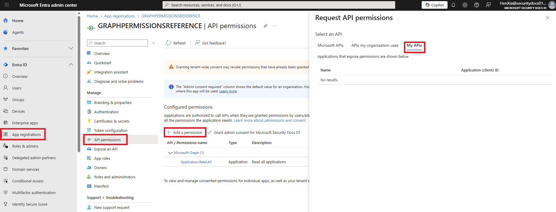 Microsoft Entra API permissions page with Add a permission and the Request API permissions panel.