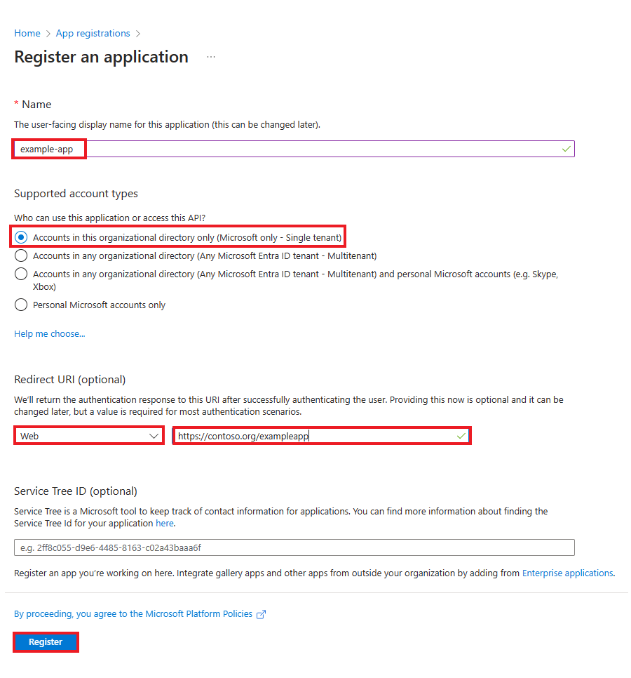 Microsoft Entra Register an application form with name, supported account types and redirect URI fields.