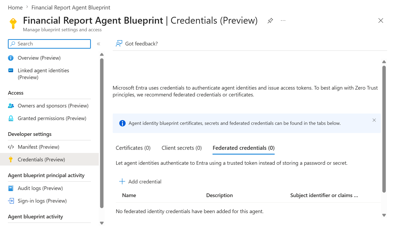 Microsoft Entra agent blueprint Credentials page showing certificate, client secret and federated credential tabs.