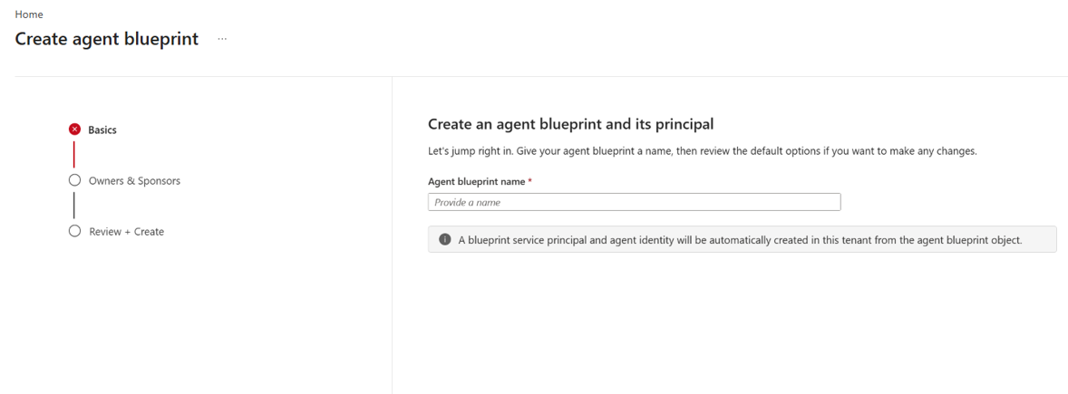 Microsoft Entra Create agent blueprint wizard with Basics and Owners and Sponsors steps.