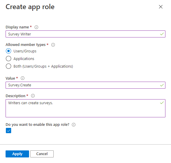 Microsoft Entra Create app role panel with display name, allowed member types, value, description and enabled checkbox.