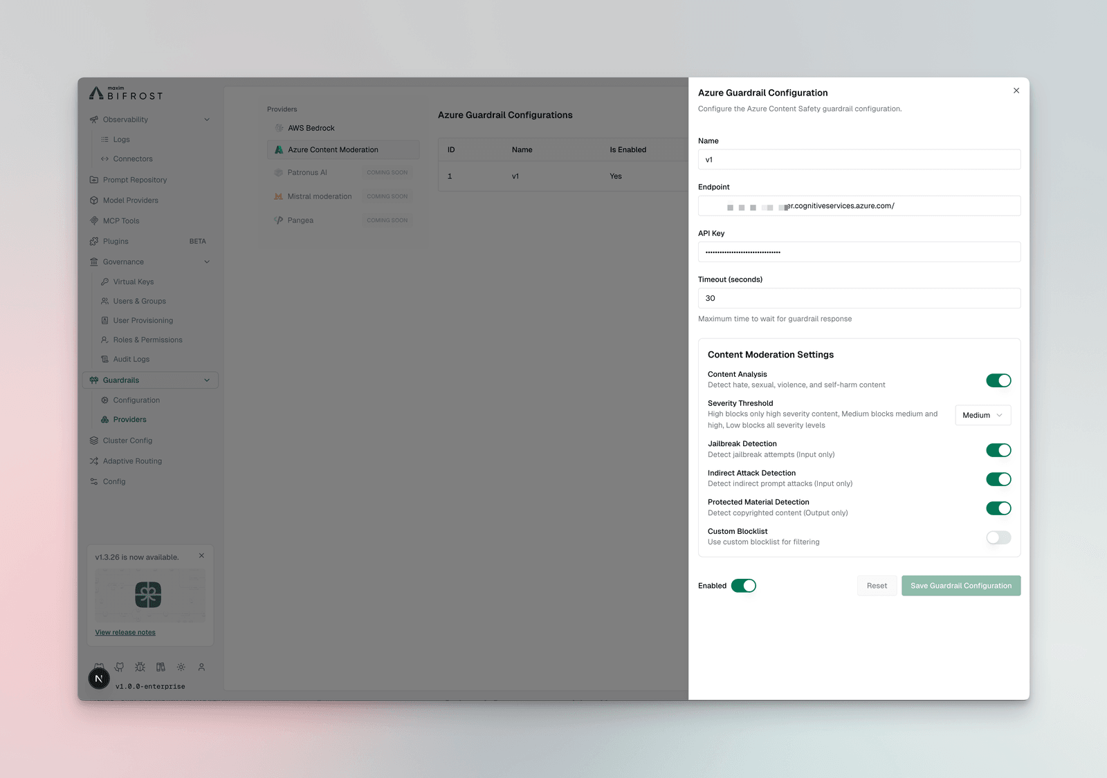 Azure Content Safety configuration form