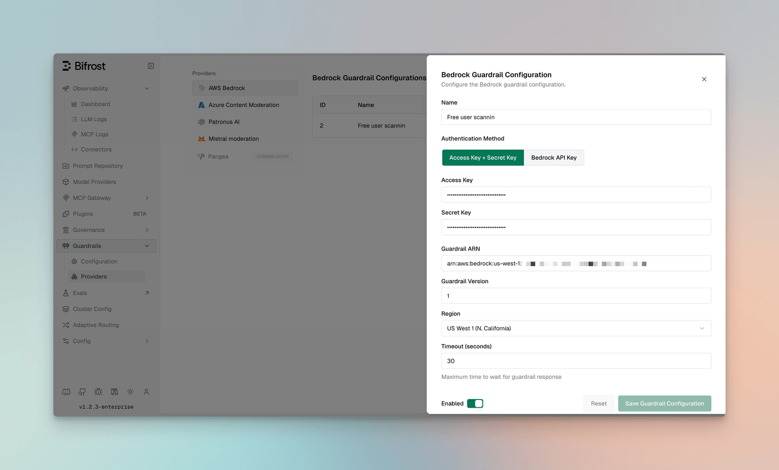 AWS Bedrock Guardrails configuration form