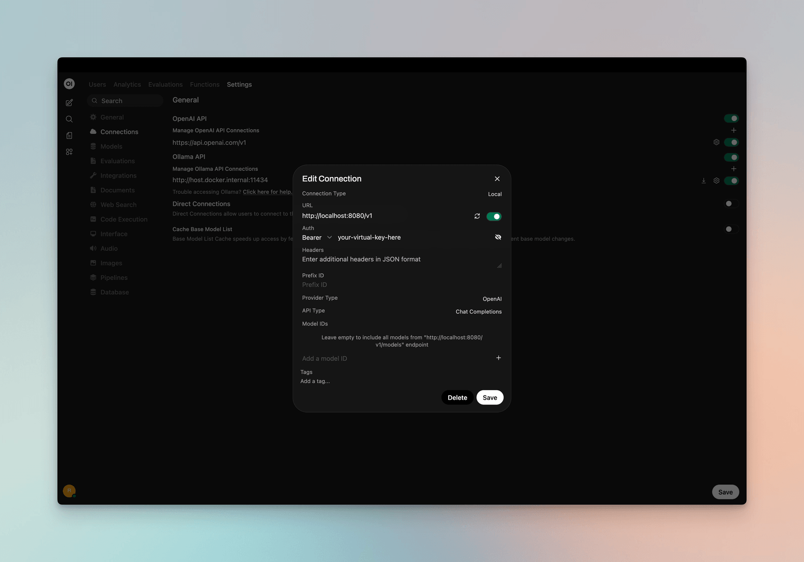 Adding DeepIntShield as a connection in Open WebUI Admin Settings