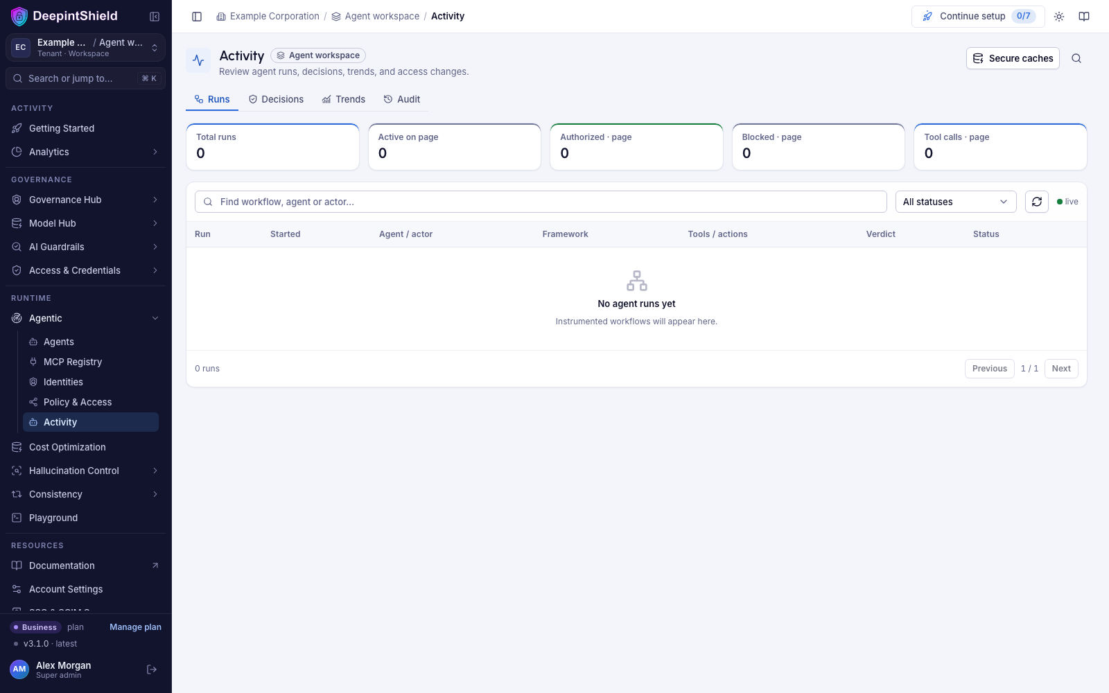 Agentic Activity page on the Runs tab in the current interface, with the run summary tiles, run search, status filter, and an empty runs table
