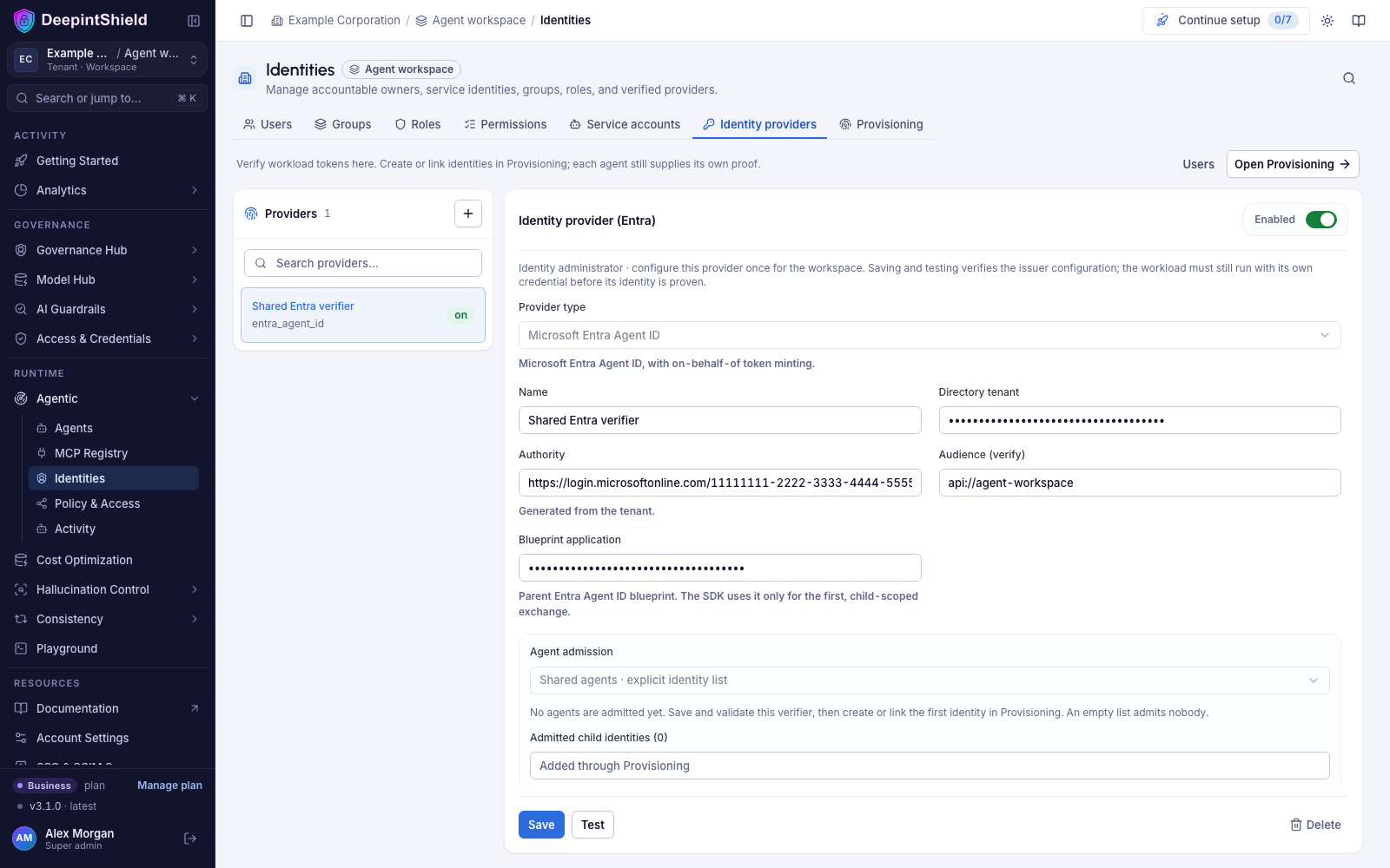 Current Agentic Identities workspace showing configured workload identity providers