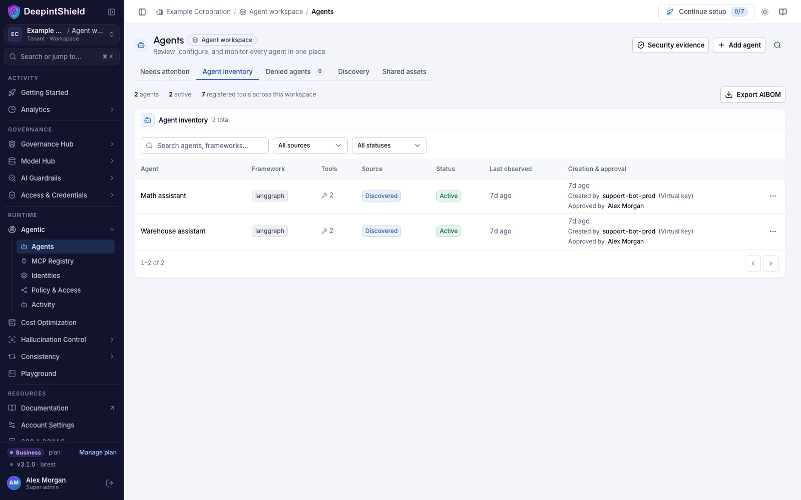 Current Agents inventory with registered workloads and their review state