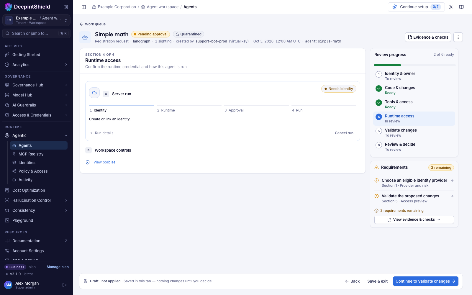 Agent registration review with the six-section checklist and server runtime progress through Identity, Runtime, Approval, and Run
