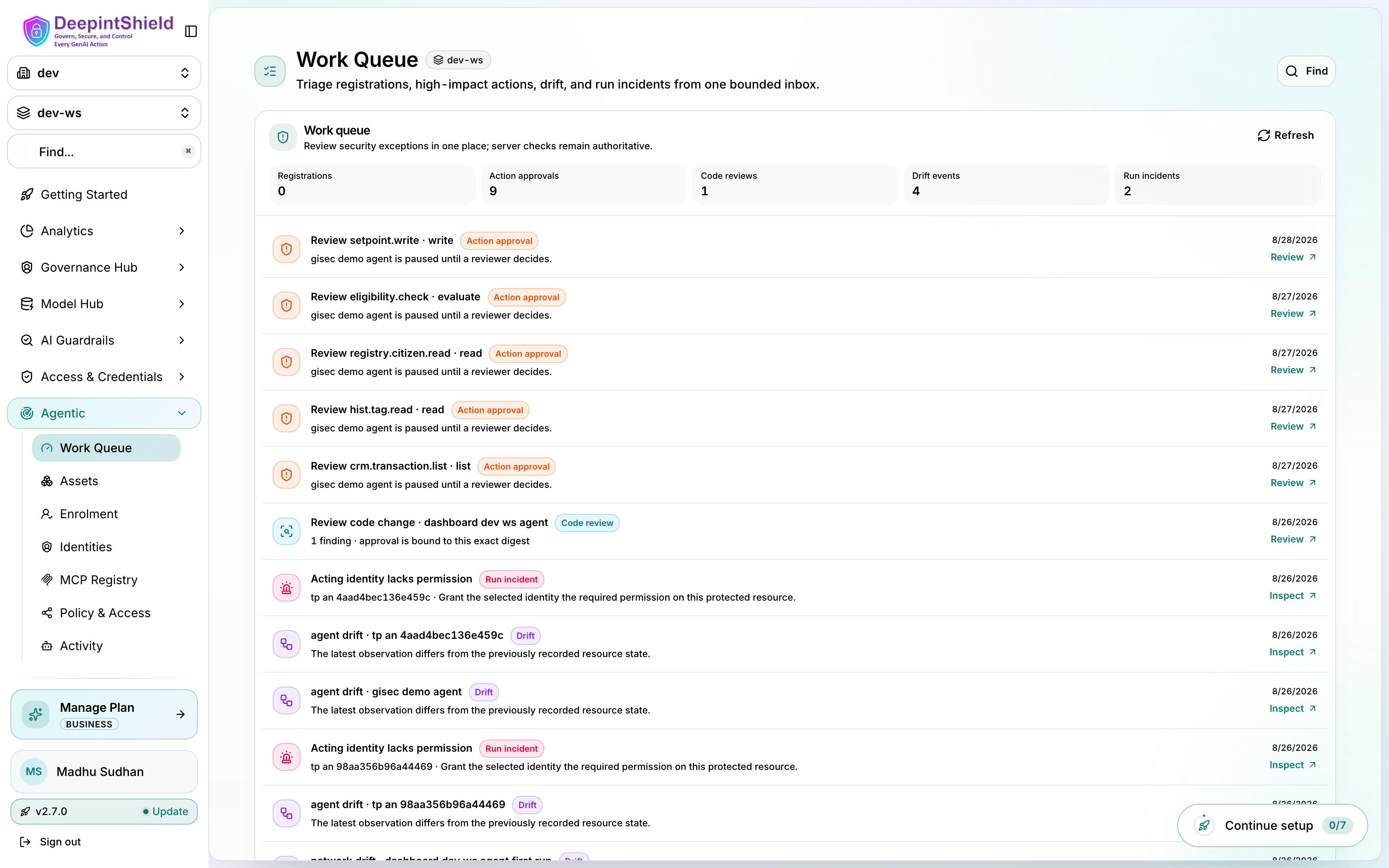Agentic Work Queue triaging registrations, action approvals, code reviews, drift events, and run incidents from one bounded inbox