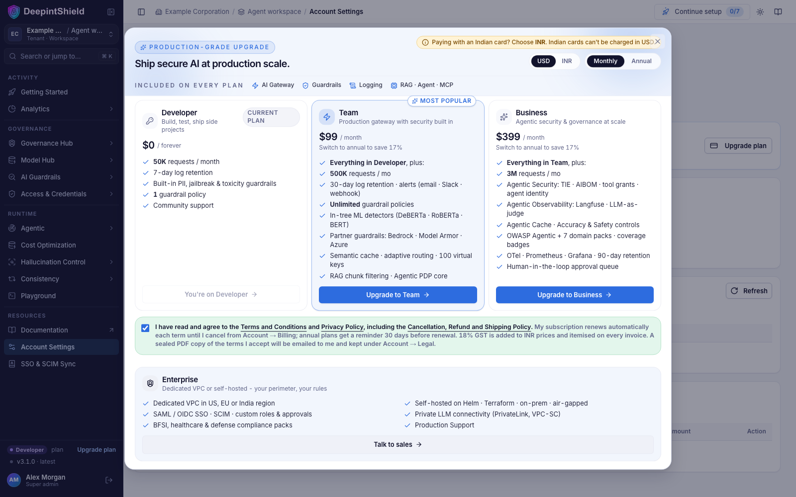 The plan window: Developer, Team, Business and Enterprise with the October 2026 prices; Enterprise is Talk to sales