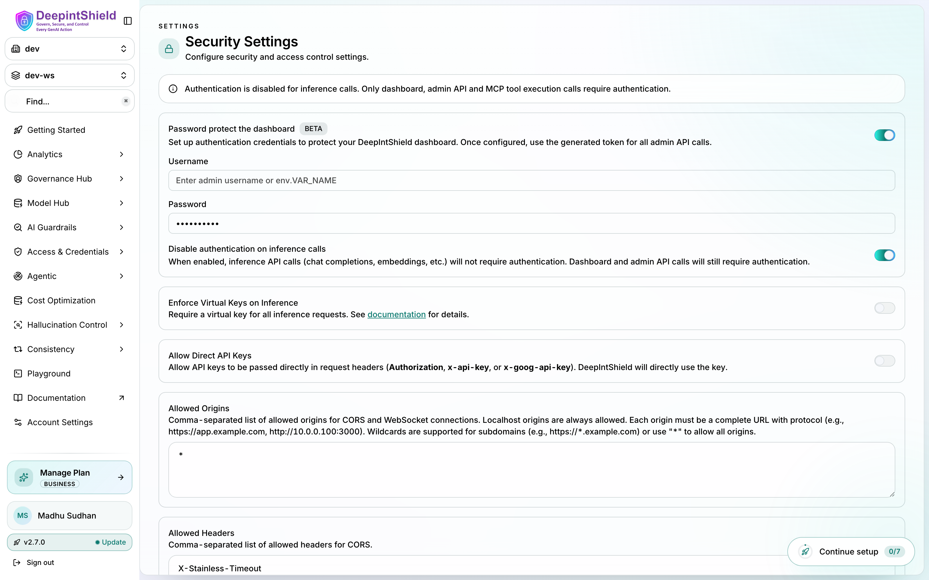 Security Settings page with dashboard password protection, inference authentication, virtual key enforcement, and CORS controls