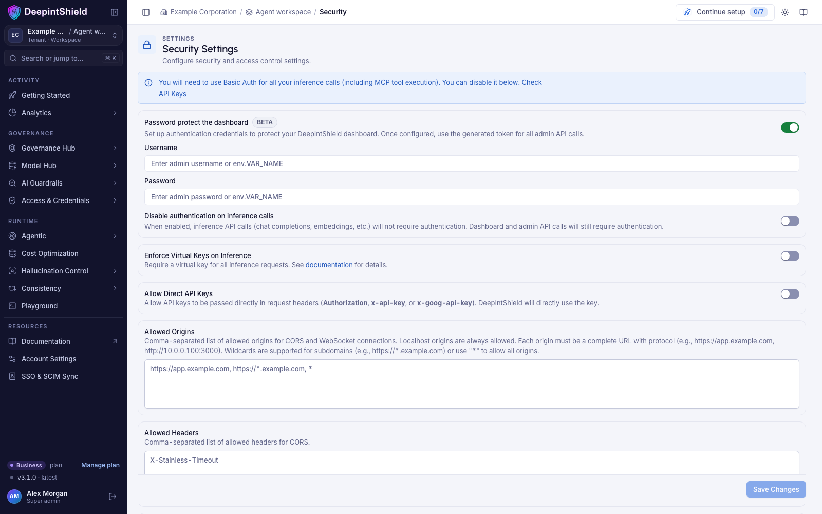Security Settings page with the Allow Direct API Keys toggle