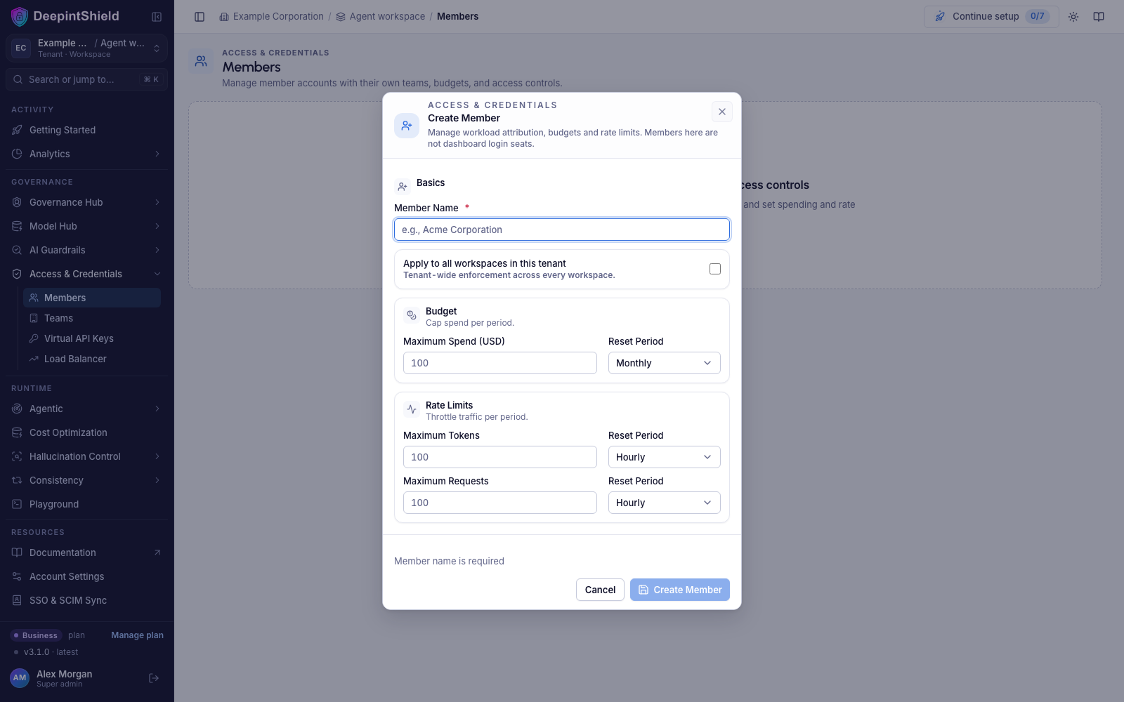 Create Member dialog