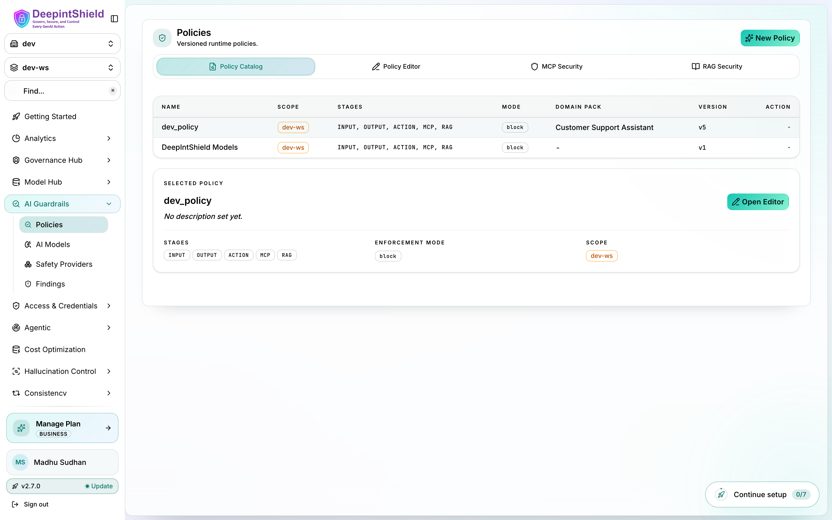 AI Guardrails policy catalog listing versioned runtime policies with their scope, stages, enforcement mode, and domain pack