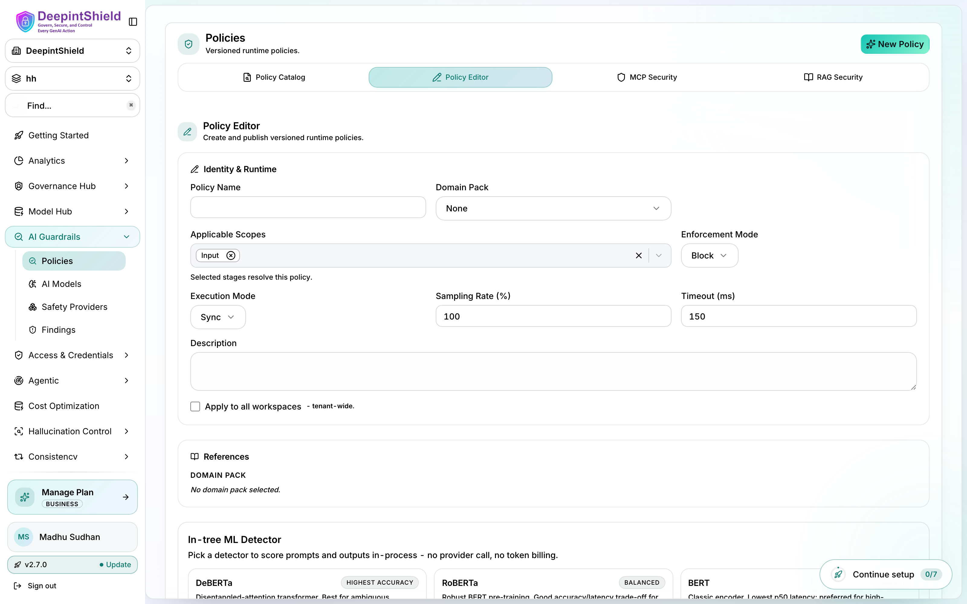 Policy Editor with identity and runtime settings - name, domain pack, applicable scopes, enforcement mode, sampling rate, timeout, and in-tree ML detector selection