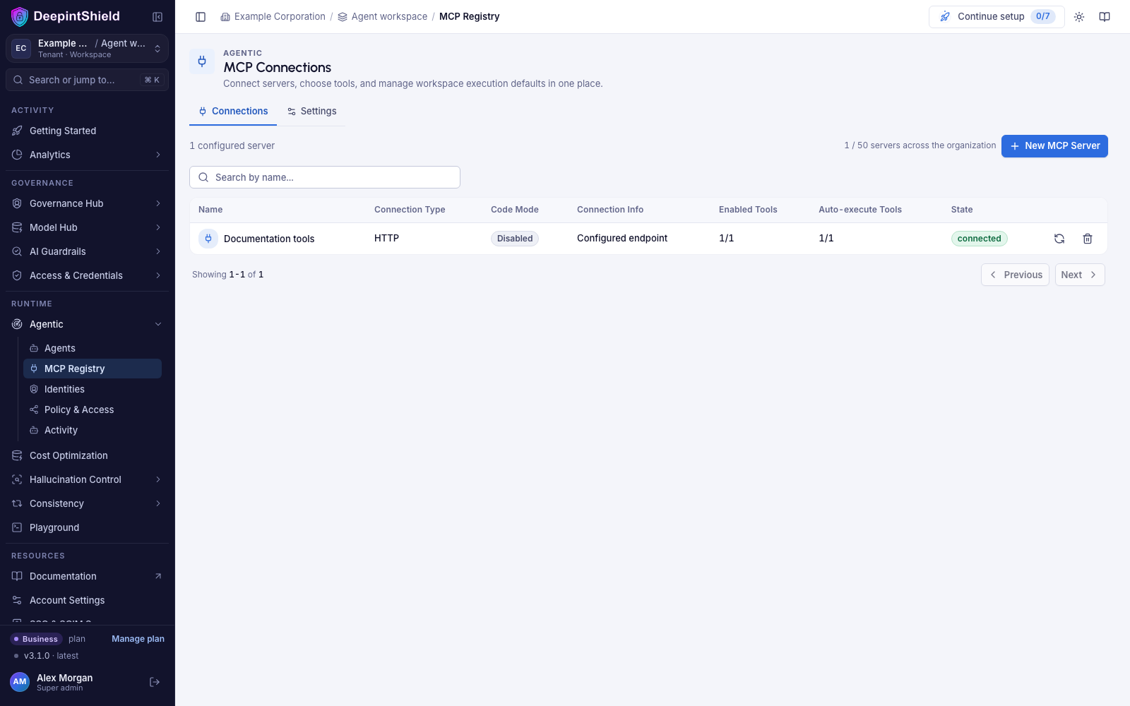 MCP Registry page with one connected server and the New MCP Server button