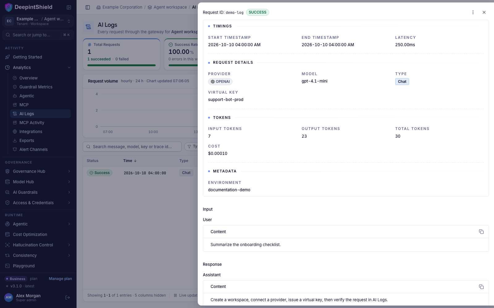 Current AI log detail with a synthetic text request