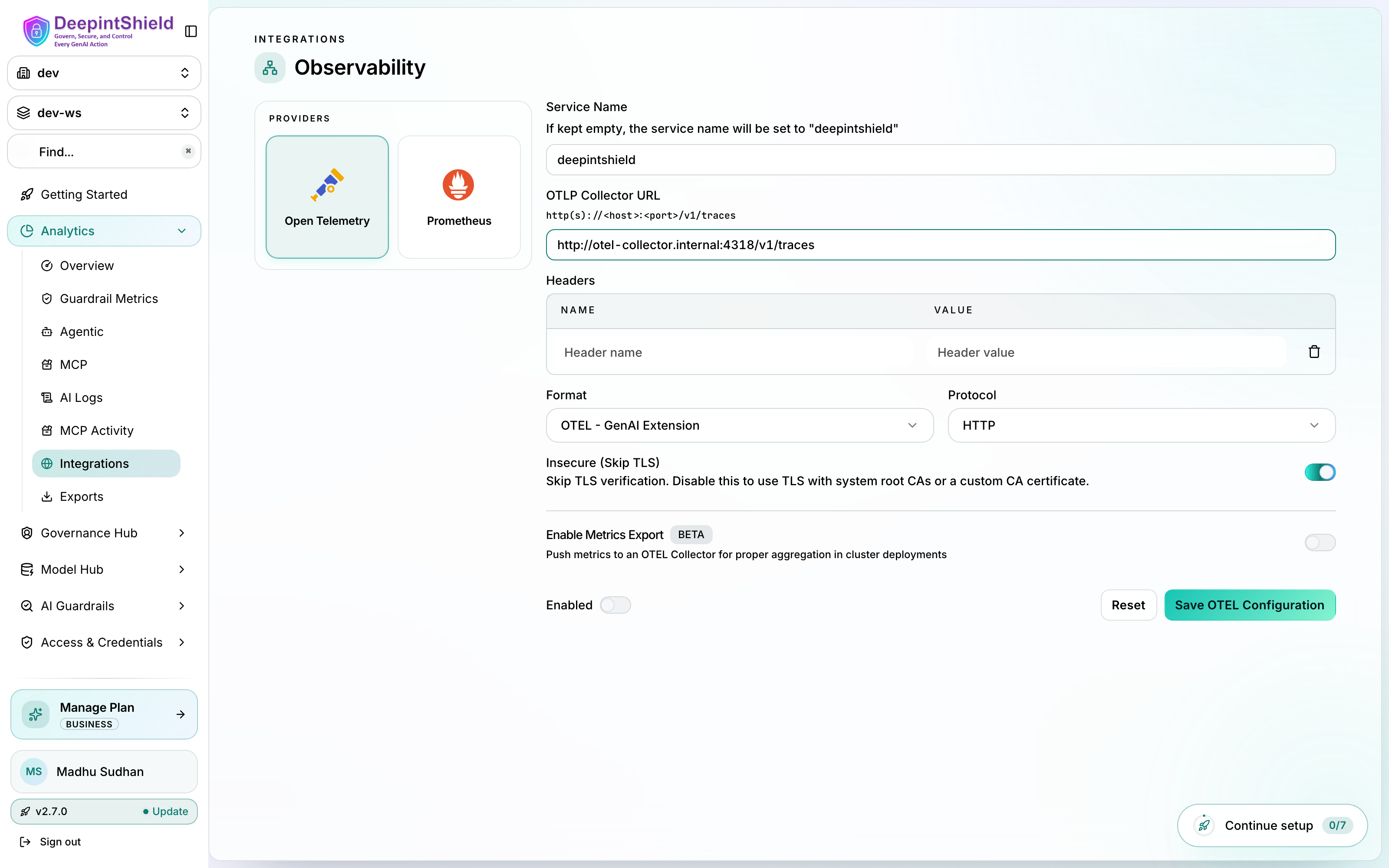 Observability integration settings with the Open Telemetry provider selected, showing service name, OTLP collector URL, format, and protocol fields