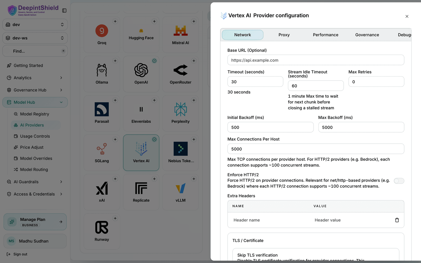 Google Vertex Configuration Interface