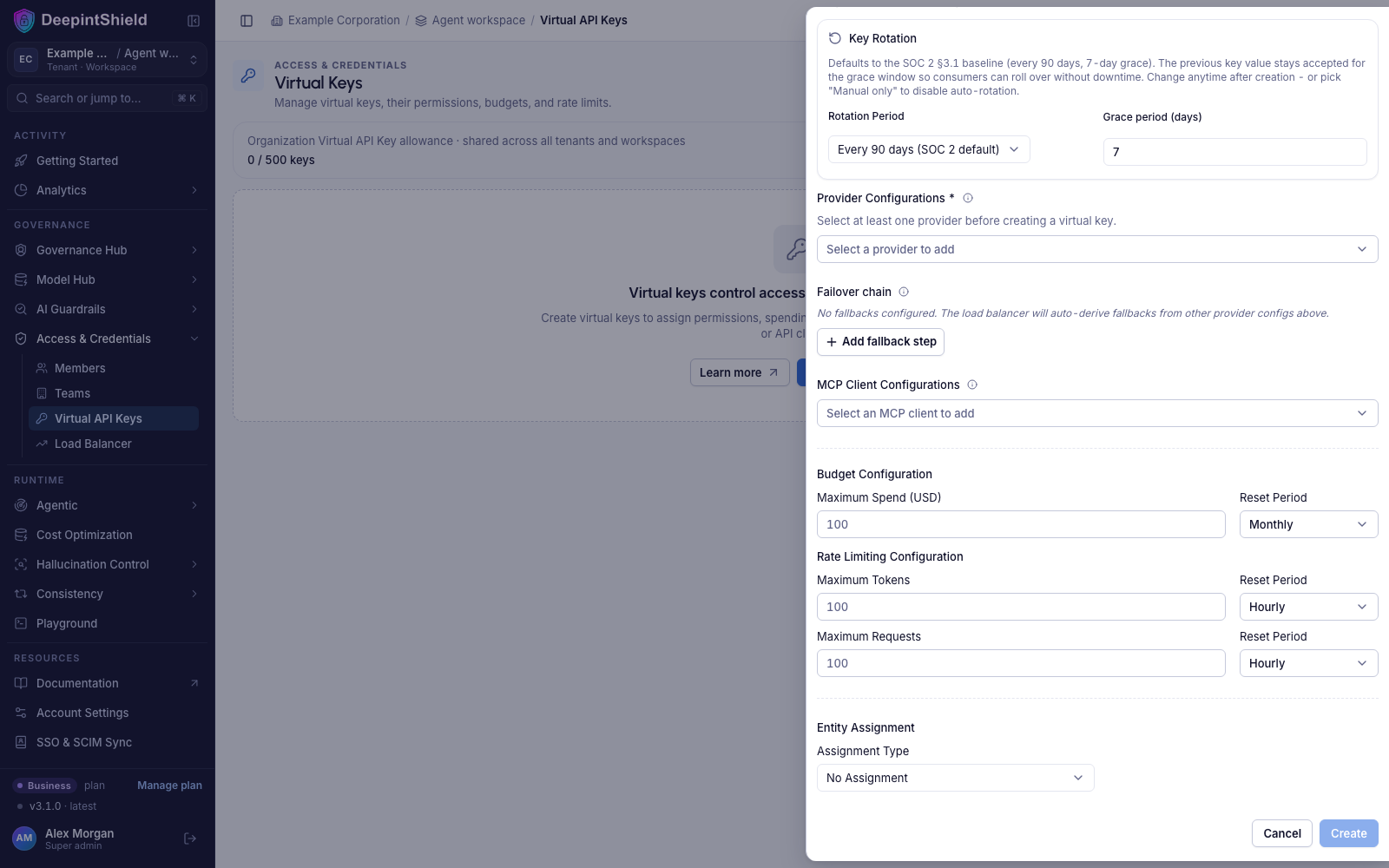 Lower half of the Create Virtual Key panel: Provider Configurations, Failover chain, MCP Client Configurations, Budget Configuration, Rate Limiting Configuration, and Entity Assignment