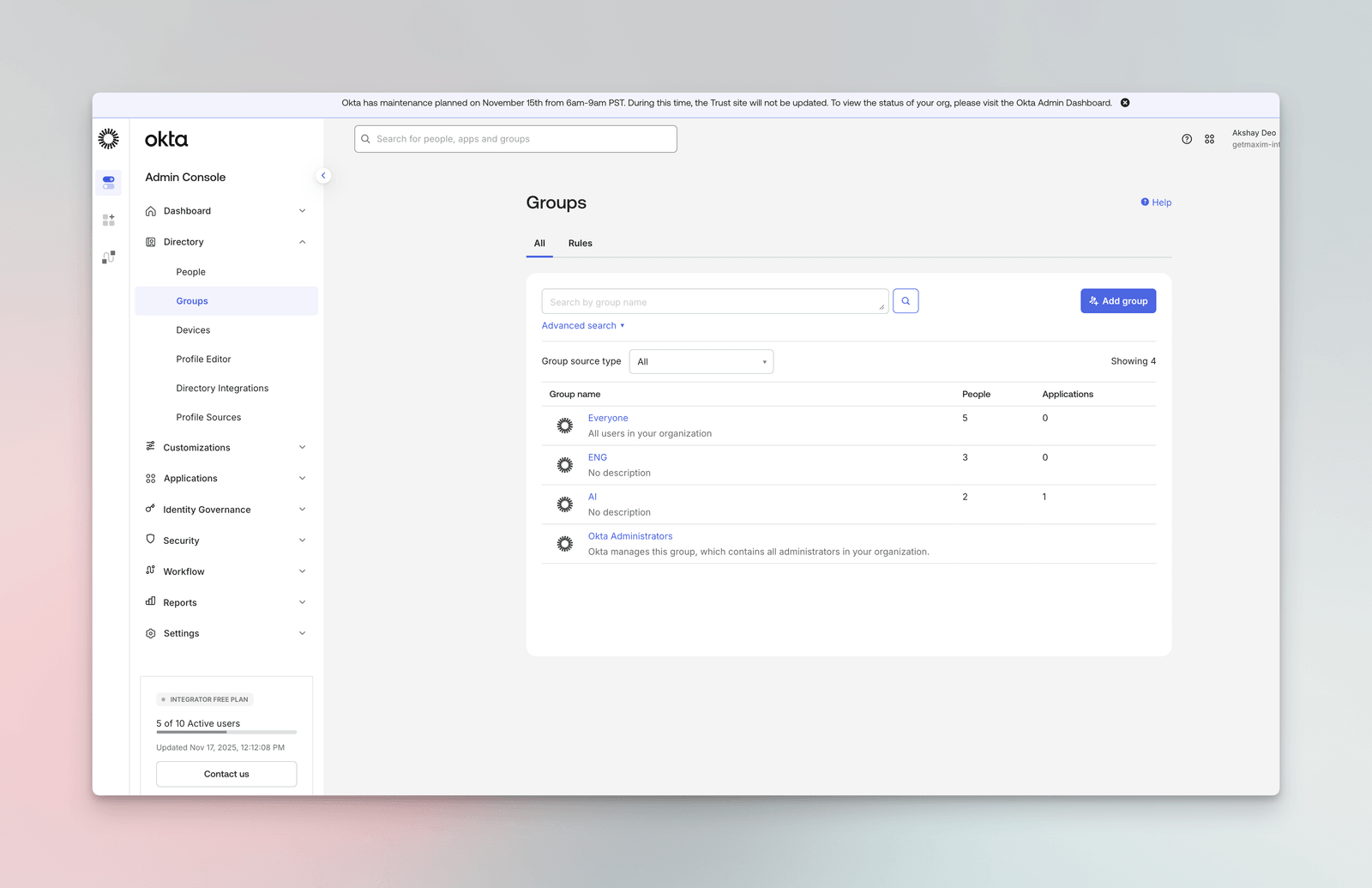 Okta Groups page